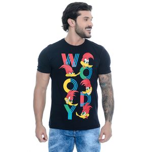 Camiseta Masculina Manga Curta Gola Careca Estampada Pica Pau Preta