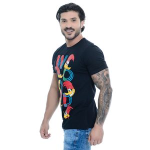 Camiseta Masculina Manga Curta Gola Careca Estampada Pica Pau Preta