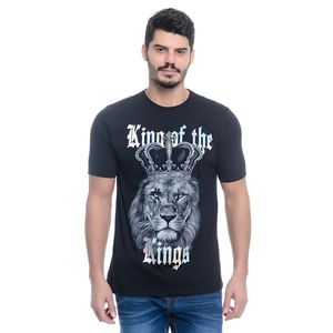 Camiseta Estampada Leão Masculina Manga Curta Preta