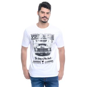 Camiseta Masculina Manga Curta Gola Redonda Estampada Sports Car Club Branca