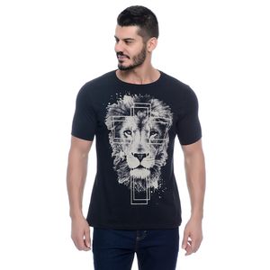 Camiseta Manga Curta Masculina Estampada Leão Preta