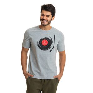 Camiseta Masculina Manga Curta Gola Redonda Estampada Música Mescla Cinza