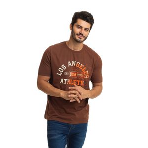 Camiseta Masculina Manga Curta Gola Redonda Algodão Penteado Estampada Los Angeles Marrom