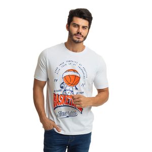 Camiseta Masculina Manga Curta Gola Redonda Algodão Penteado Estampada Basketball Branco