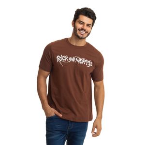 Camiseta Masculina Manga Curta Gola Redonda Algodão Estampada Frente e Verso Rick And Morty Marrom