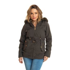 Jaqueta Feminina Parka Sarja Teddy Dupla Face Pelinho Com Capuz Removível Verde Militar