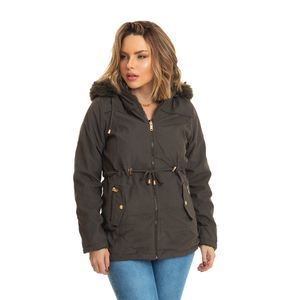 Jaqueta Feminina Parka Sarja Teddy Dupla Face Pelinho Com Capuz Removível Verde Militar