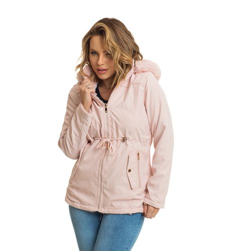 Jaqueta Feminina Parka Sarja Teddy Dupla Face Pelinho Com Capuz Removível Rosa Claro