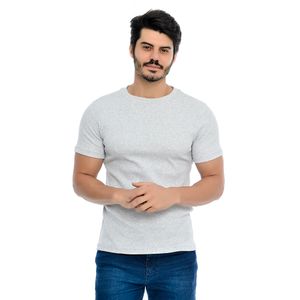 Camiseta Masculina Manga Curta Gola Redonda Canelada Mescla Cinza