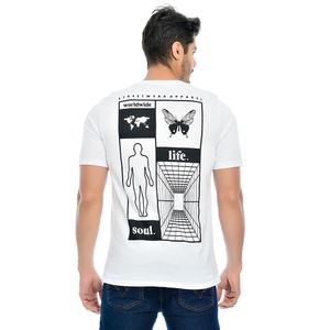 Camiseta Masculina Manga Curta Gola Redonda Estampada Frente E Costa Streetwear Apparel Branco