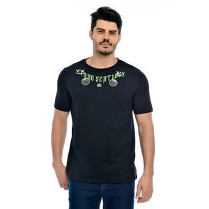 Camiseta Masculina Manga Curta Gola Redonda Estampada Frente e Verso Todo Sentido Preto