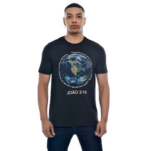 Camiseta Masculina Estampada João 3:16 Gola Redonda Mescla Preto