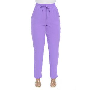 Calça Reta Feminina Elástico Na Cintura Com Bolso Cintura Alta Tecido Duna Lilas