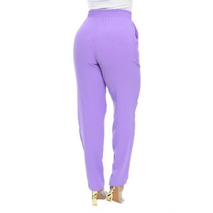 Calça Reta Feminina Elástico Na Cintura Com Bolso Cintura Alta Tecido Duna Lilas