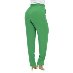 Calça Reta Feminina Elástico Na Cintura Com Bolso Cintura Alta Tecido Verde Escuro