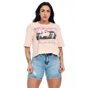 Blusa Cropped Oversized Feminina Com Estampa Monaco Rosa