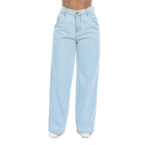 Calça Jeans Feminina Pantalona Cintura Alta Básica Denim Azul Clara