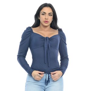 Blusa Manga Longa Canelada Azul Marinho Com detalhe de Amarração Frontal