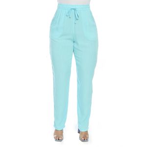 Calça Reta Feminina Elástico Na Cintura Com Bolso Cintura Alta Azul Tiffany