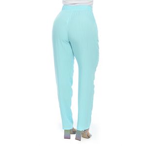 Calça Reta Feminina Elástico Na Cintura Com Bolso Cintura Alta Azul Tiffany