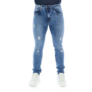 Calça Jeans Escuro Masculina Skinny com Puídos laterais