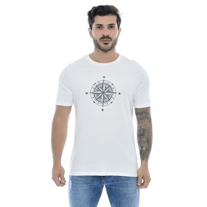 Camiseta Masculina Branca Gola Redonda Com Estampa Rosa dos Ventos