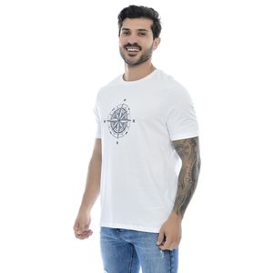 Camiseta Masculina Branca Gola Redonda Com Estampa Rosa dos Ventos