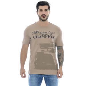 Camiseta Masculina Com Estampa Frente e Verso The Speed Car Make The Champion Bege Escuro