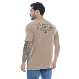 Camiseta Masculina Com Estampa Frente e Verso The Speed Car Make The Champion Bege Escuro