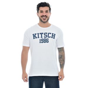 Camiseta Masculina Branca com Estampa Mr Kitsch 1986 Em Alto Relevo