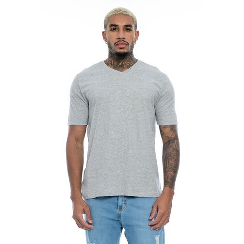 Camiseta Masculina Básica Manga Curta Gola V Mescla Cinza