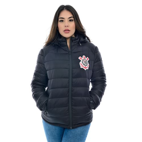 Jaqueta Puffer Corinthians Oficial Feminino Com Capuz Removível
