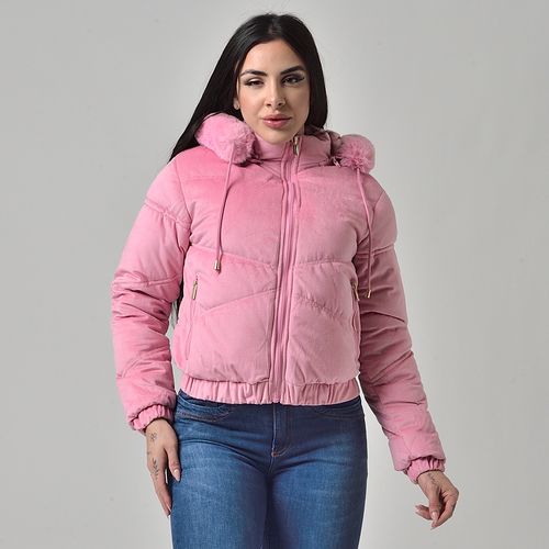 Jaqueta Camurça Texturizada Feminina Capuz Removível Com Pelinhos Rosa