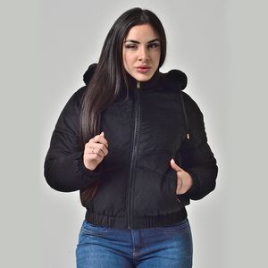 Jaqueta Camurça Texturizada Feminina Capuz Removível Com Pelinhos Preto