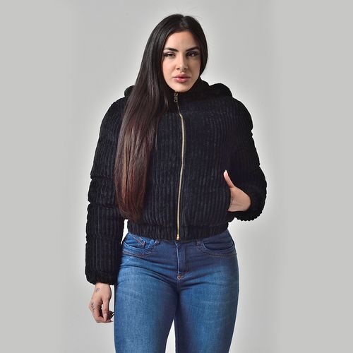Jaqueta Feminina Dupla Face Veludo Canelado Capuz Com Pelinhos Preto