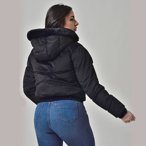 Jaqueta Camurça Texturizada Feminina Capuz Removível Com Pelinhos Preto