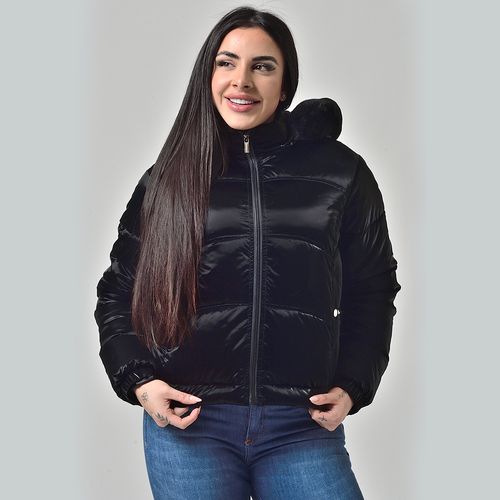 Jaqueta Feminina Capuz Removível Com Pelinhos Puffer Brilho Preto