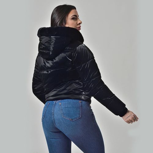 Jaqueta Feminina Capuz Removível Com Pelinhos Puffer Brilho Preto