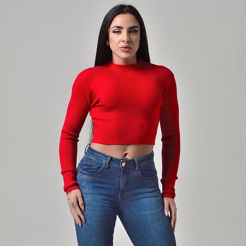 Suéter Cropped Tricot Gola Alta Vermelho