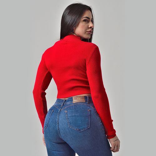 Suéter Cropped Tricot Gola Alta Vermelho