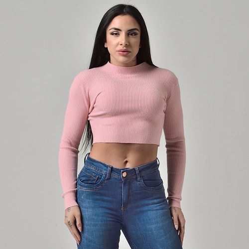 Suéter Cropped Tricot Gola Alta Rosa