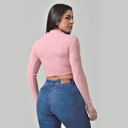 Suéter Cropped Tricot Gola Alta Rosa