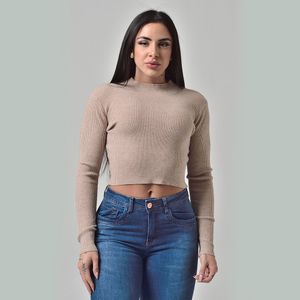 Suéter Cropped Tricot Gola Alta Marrom Claro