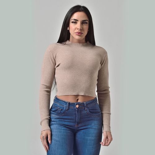 Suéter Cropped Tricot Gola Alta Marrom Claro