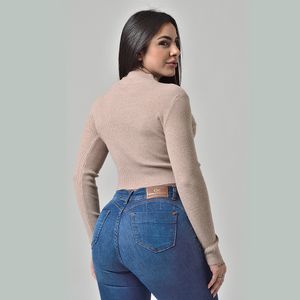 Suéter Cropped Tricot Gola Alta Marrom Claro