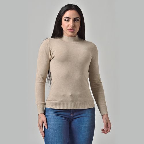 Suéter Básico Tricot Gola Alta Mescla Bege