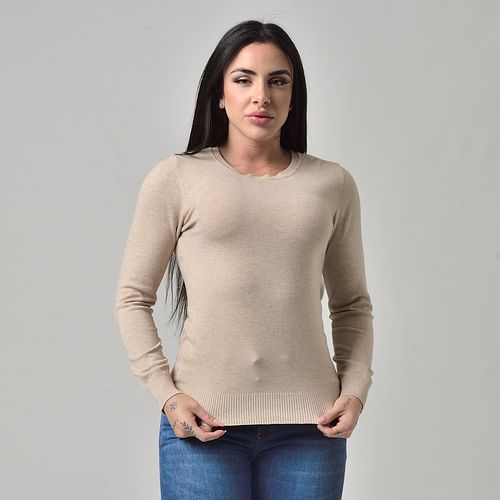 Suéter Básico Tricot Gola Redonda Bege Mescla