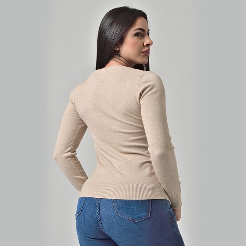 Suéter Básico Tricot Gola Redonda Bege Mescla