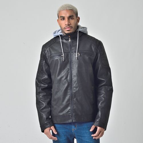 Jaqueta PU Masculino Com Capuz Moletom Removível Preto