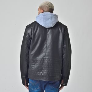 Jaqueta PU Masculino Com Capuz Moletom Removível Preto